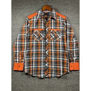 Red Ape Button Up Shirt Men's Medium Orange/Blue Plaid Long Sleeve Colorful